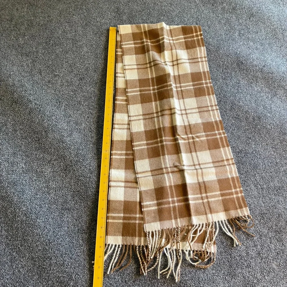 Huallpatex Brown Cream Plaid 100% Baby Alpaca Wool Scarf Fringe Made in Peru Men